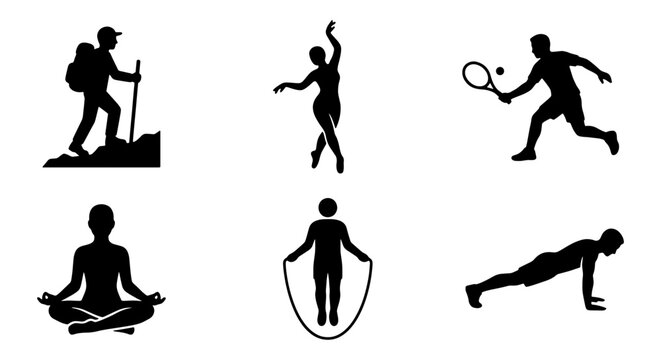 Active Lifestyle Icons: Hiking, Ballet, Tennis, Yoga, Jump Rope, Push-ups, Silhouette Collection for Fitness and Recreation