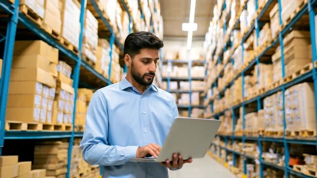 Indian warehouse employee uses a laptop at a large distribution center. 
