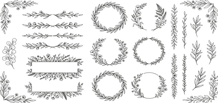 Set of elegant floral logo elements. Borders and dividers, frame corners and branch. Boho Hand drawn line wedding herb, leaves for invitation save the date card. Botanical rustic trendy greenery