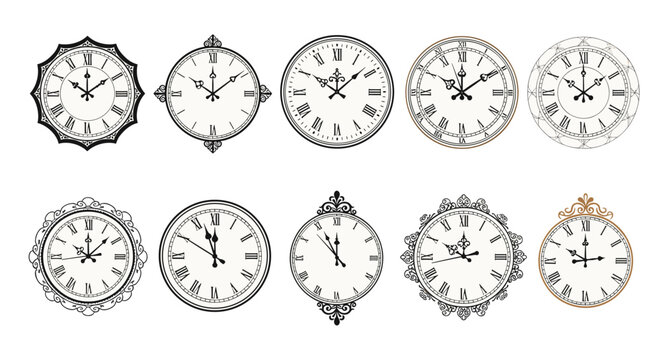 Vintage clock face collection showcases diverse Roman numeral designs and ornate hands for antique style timekeeping art.
