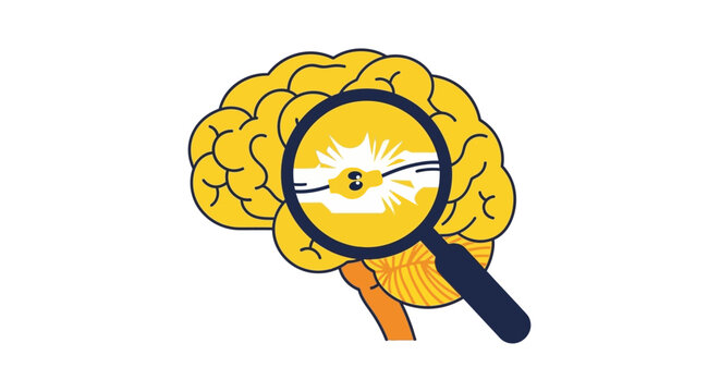 Mental Health and Brain Function Concept: Human Brain with Magnifying Glass Examining Electrical Connections, Synapses, and Idea Generation
