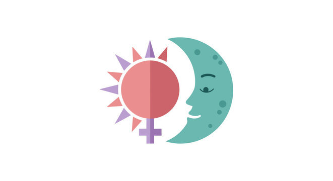 Feminine Celestial Symbol: Sun and Crescent Moon with Venus Sign. Esoteric Illustration of Divine Feminine Energy, Balance, and Astrology.