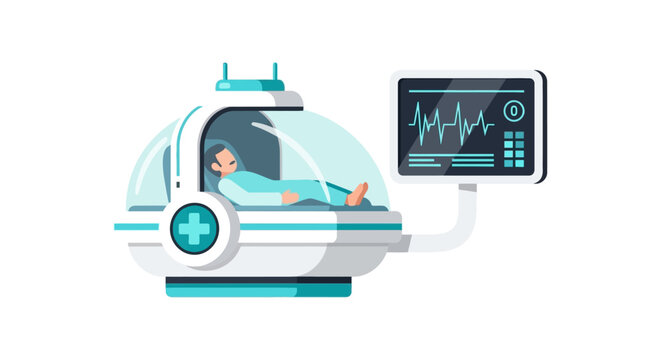 Futuristic Medical Pod with Patient and Vital Signs Monitor Vector Illustration, High Tech Healthcare Concept