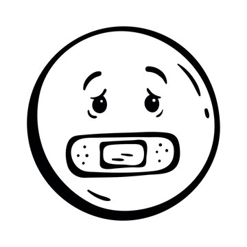 Emotional suppression, silent suffering and inability to speak icon. Hand drawn doodle illustration of sad face with plaster on mouth. Concept of psychological trauma, hiding feelings, inner pain