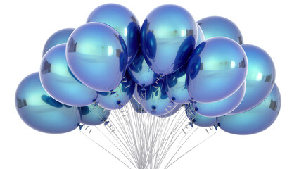 Cluster of shiny blue metallic balloons, isolated on transparent background