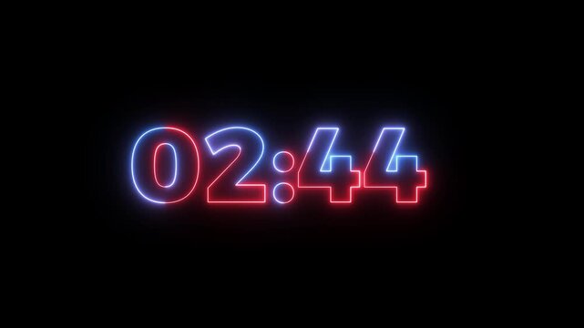 Abstract new red and blue glowing neon 3 minute countdown animation from 180 seconds to 0 seconds on a black background.Three minute countdown timer.