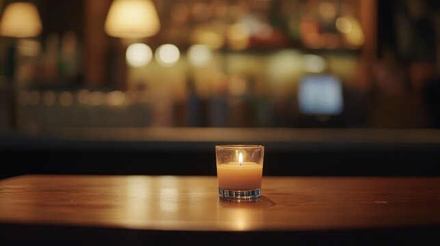 Lit candle on a wooden table in front of blurred bar, warm lighting, intimate feel