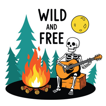 A skeleton playing an acoustic guitar while sitting on a wooden box.