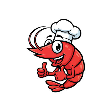 Cartoon shrimp chef mascot giving a thumbs up gesture.