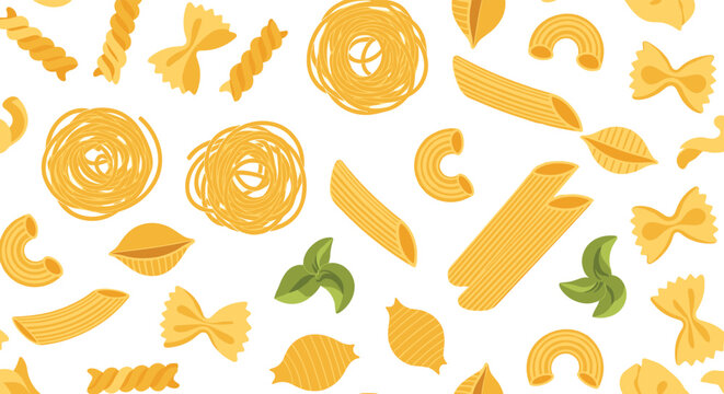 Seamless pattern background featuring various dry pasta shapes like penne, fusilli, farfalle, and macaroni with fresh basil leaves.