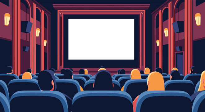 View from the back of an audience sitting in a dark cinema theater watching a movie on a large white blank screen with classic decor.