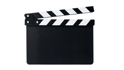 Naklejka premium Black movie clapperboard with white stripes, isolated on transparent background