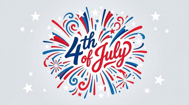 Vibrant 4th of july celebration graphic with fireworks and stars on gray background