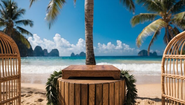 Empty wooden table top tropical product display podium stage in summer beach blurred background