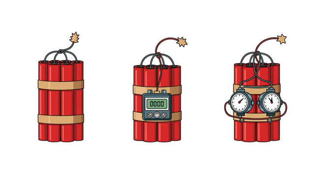 Different types of dynamite sticks with various timing mechanisms including a fuse, digital clock, and analog dials.