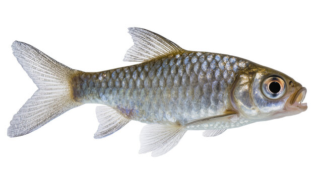Small silver fish with scales and fins, isolated on transparent background