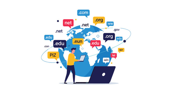 Young man using a laptop in front of a blue globe surrounded by various internet domain tags like dot com and dot net.