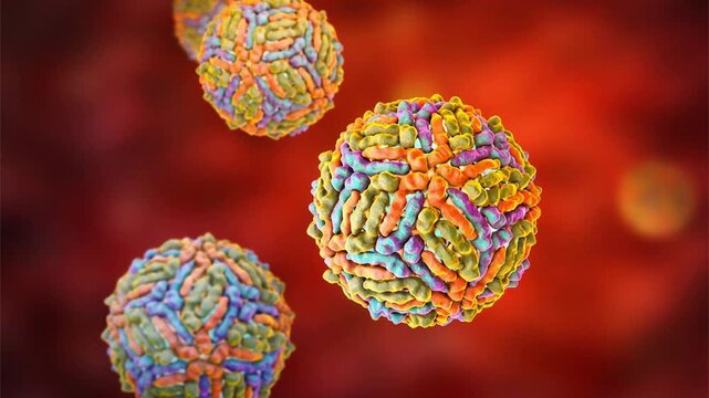 West Nile virus particles, 3D animation showing slowly rotating enveloped flavivirus virions, illustrating mosquito-borne viral infection.