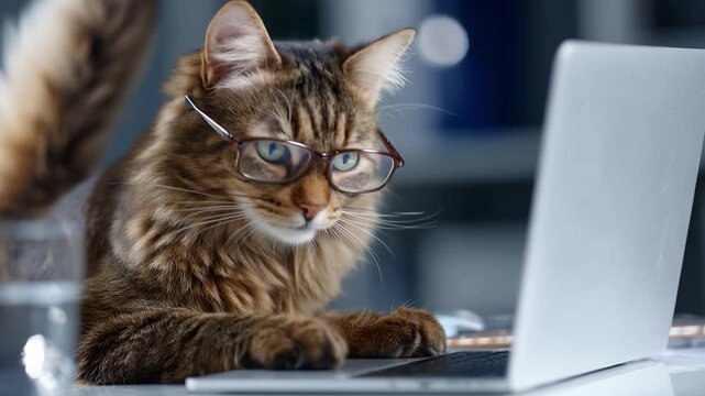 Fluffy cat wears glasses while sitting at a laptop