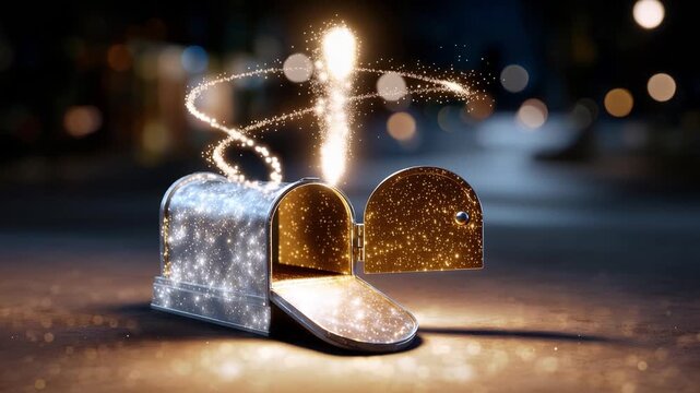 Heart-shaped sparkles burst from a mailbox