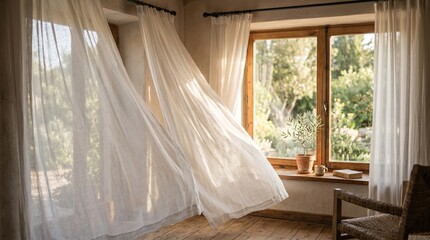 cozy room sheer curtains wooden floor indoor plants natural light relaxing atmosphere home decor interior design calming ambiance window seat comfortable seating soft drapes