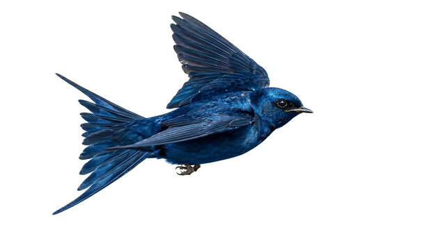 Barn swallow flying PNG isolated on transparent background, Hirundo rustica bird with blue plumage and long forked tail, wildlife