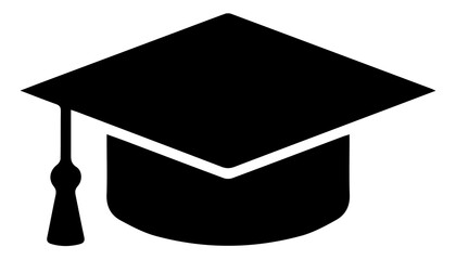 Solid black graduation cap icon representing academic achievement and education isolated on white background with graduation, mortarboard