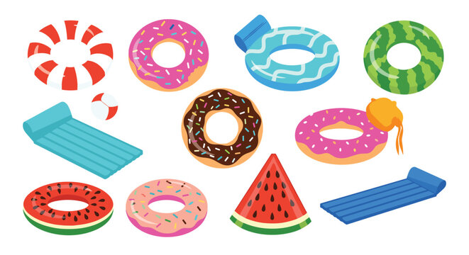 Set of colorful inflatable pool floats and swim rings in fun shapes like donuts, watermelon, and striped patterns for summer water activities.