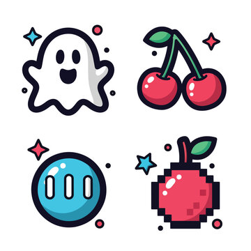 Set of cute colorful vector gaming icons with ghost cherries and pixel fruit.