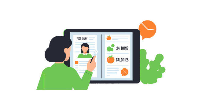 Woman Tracking Nutrition and Calories on Tablet Food Diary App Vector Illustration