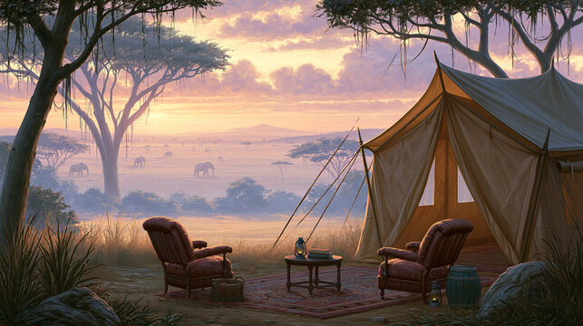 Serene Safari Camping Adventure at Sunset: Unwind in Africa's Mystical Wilderness