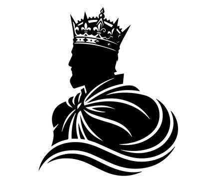 Silhouette profile of a king wearing a royal crown and cloak with silhouette leadership authority sovereign nobility illustration