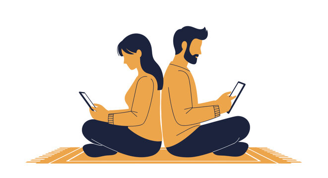 Young couple sitting back-to-back using digital tablets, ignoring each other, social media addiction and digital isolation concept vector illustration.