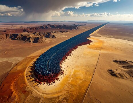 Arid desert floor stretches toward the horizon as a long dark linear structure cuts through the golden sand under a bright afternoon sky.