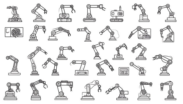 collection of industrial robot arm icons in a pixel art style, representing automation and manufacturing, factory technology, assembly line equipment, engineering and production