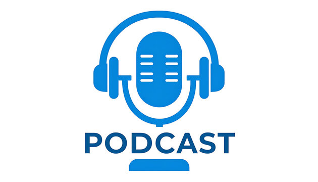 Blue podcast icon with microphone and headphones, audio recording symbol, broadcasting and communication concept, media broadcasting and sound recording icon