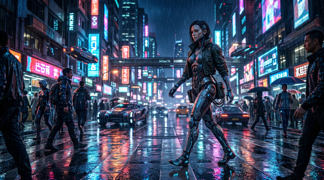 Femme cyborg marchant dans une rue cyberpunk futuriste la nuit sous la pluie