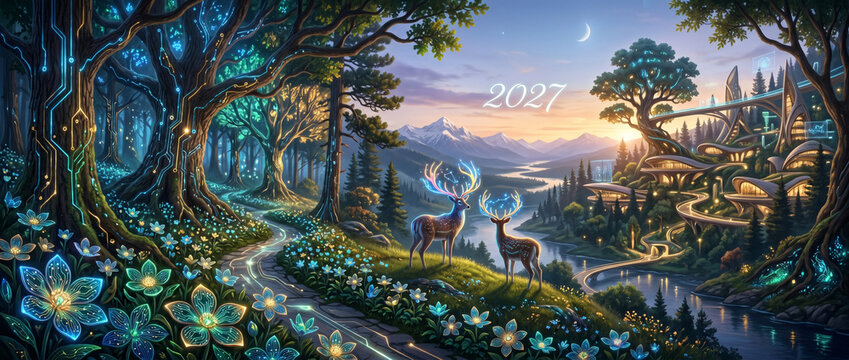 For&ecirc;t magique et futuriste avec cerfs lumineux en 2027