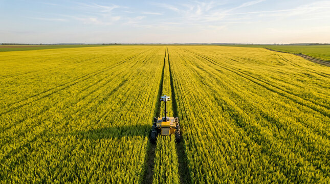 Robot agricole autonome surveillant un champ de cultures en pleine croissance au coucher du soleil