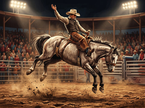 Cow-boy en pleine action lors d'une comp&eacute;tition de rod&eacute;o dans une ar&egrave;ne