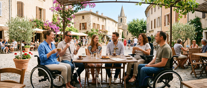 Groupe d'amis inclusif partageant un moment convivial en terrasse de restaurant