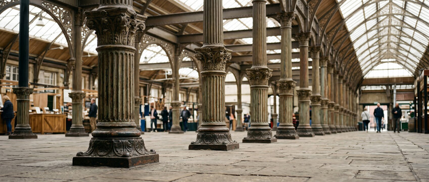 Architecture m&eacute;tallique et colonnes en fonte d'un ancien march&eacute; couvert urbain