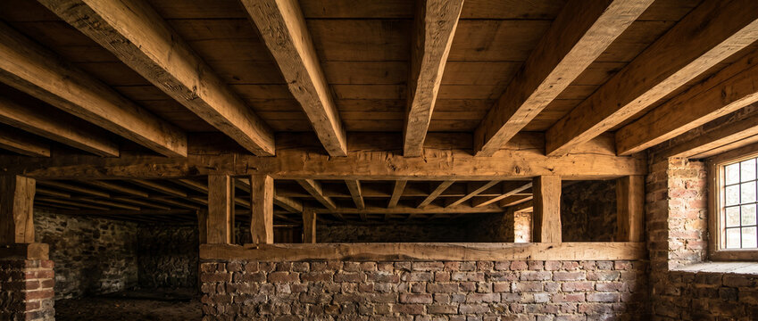Plafond avec poutres en bois et mur en brique dans une cave ancienne