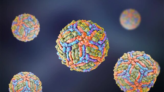 West Nile virus particles, 3D animation showing slowly rotating enveloped flavivirus virions, illustrating mosquito-borne viral infection.