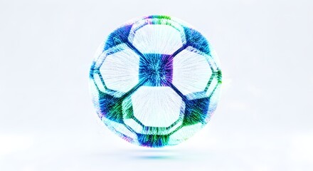 Naklejka premium Colorful soccer ball with blue green and purple paint splatters on white background perfect for sports and recreation themes