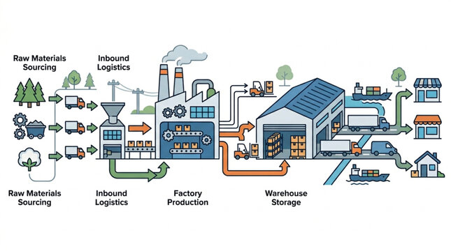 Industrial Supply Chain Process Flow Diagram Illustration.