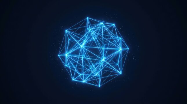 Abstract Glowing Blue Plexus Network Sphere on Dark Background.