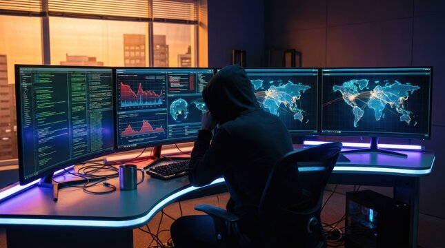 Hacker working on multiple screens in a dark room.