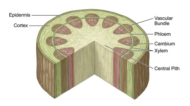 Detailed Cross-Sectional Diagram of a Monocot Stem Illustrating Internal Plant Anatomy.