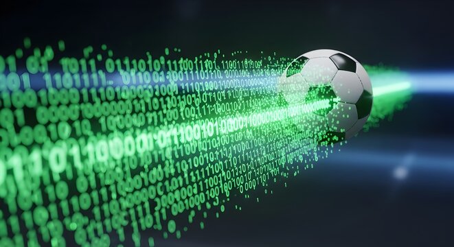 Soccer ball flying through green binary code data stream representing sports technology and digital analytics in football perfect for sports tech advertising and digital sports content